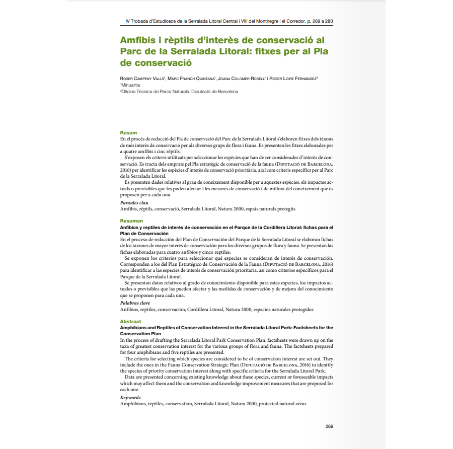 Amfibis i rèptils d'interès de conservació al Parc de la Serralada Litoral: fitxes per al Pla de Conservació